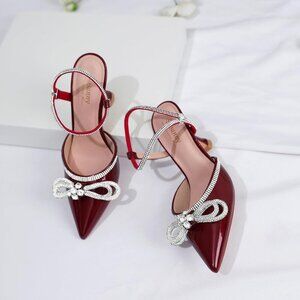 Women's Burgundy Closed Toe Rhinestone Wedding Low Slingback Clear Kitten Heels